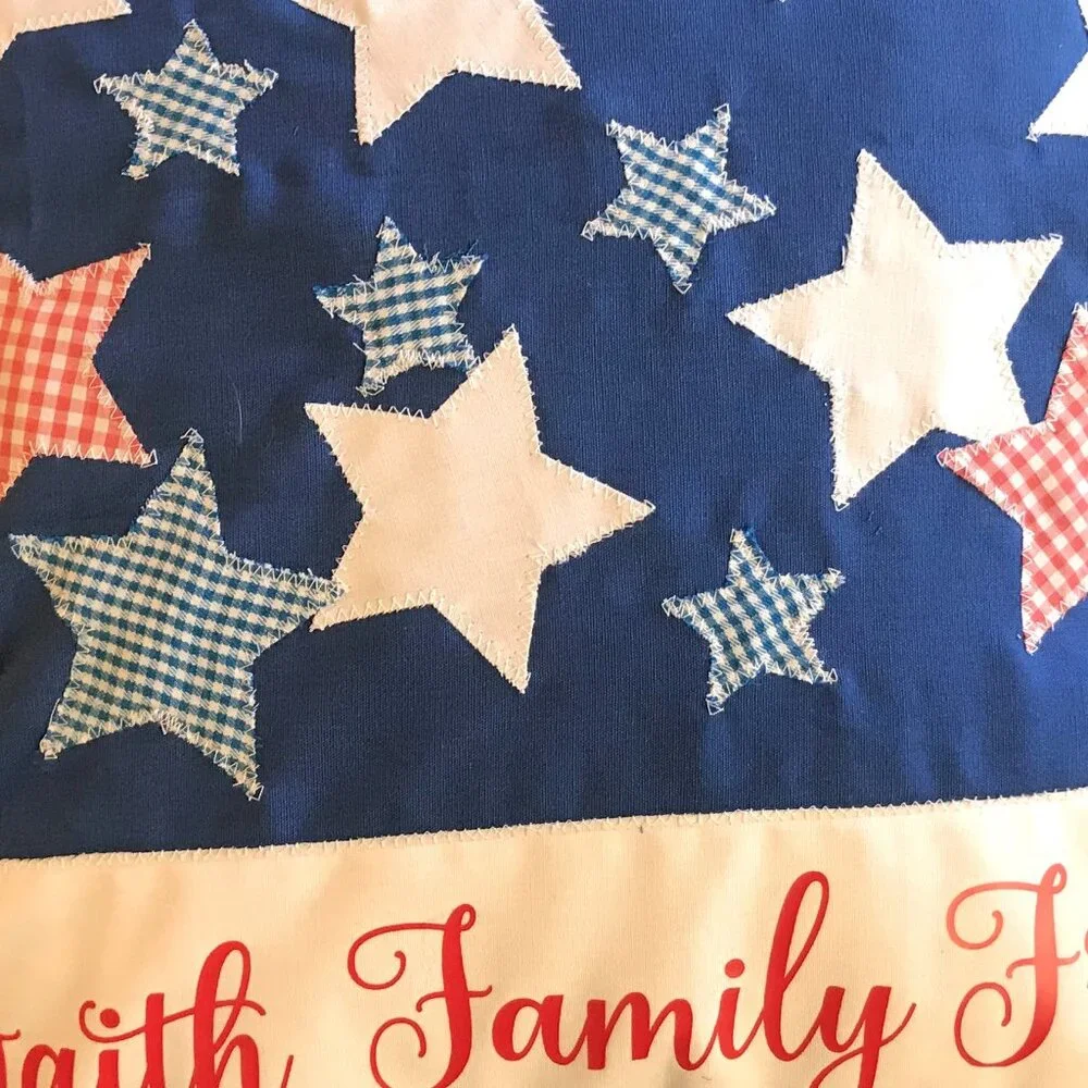 Patriotic Pillow Cover, Patchwork Stars Faith Family Freedom Applique 18 x 18